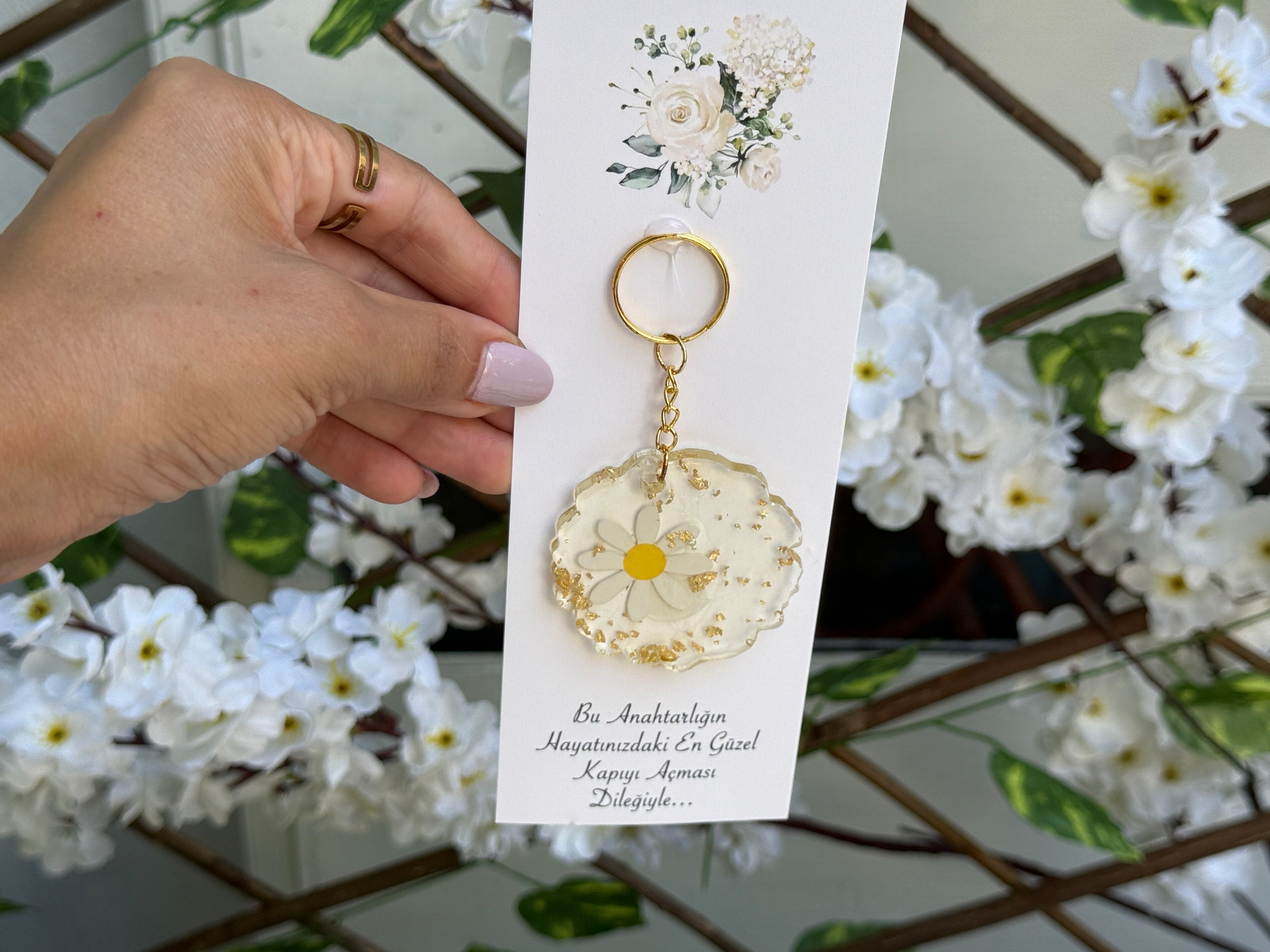 Tırtıklı Daire Epoksi Papatya Anahtarlık