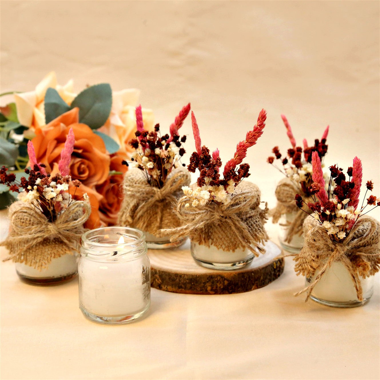 Hasır İpli Çiçekli Kavanoz Mum