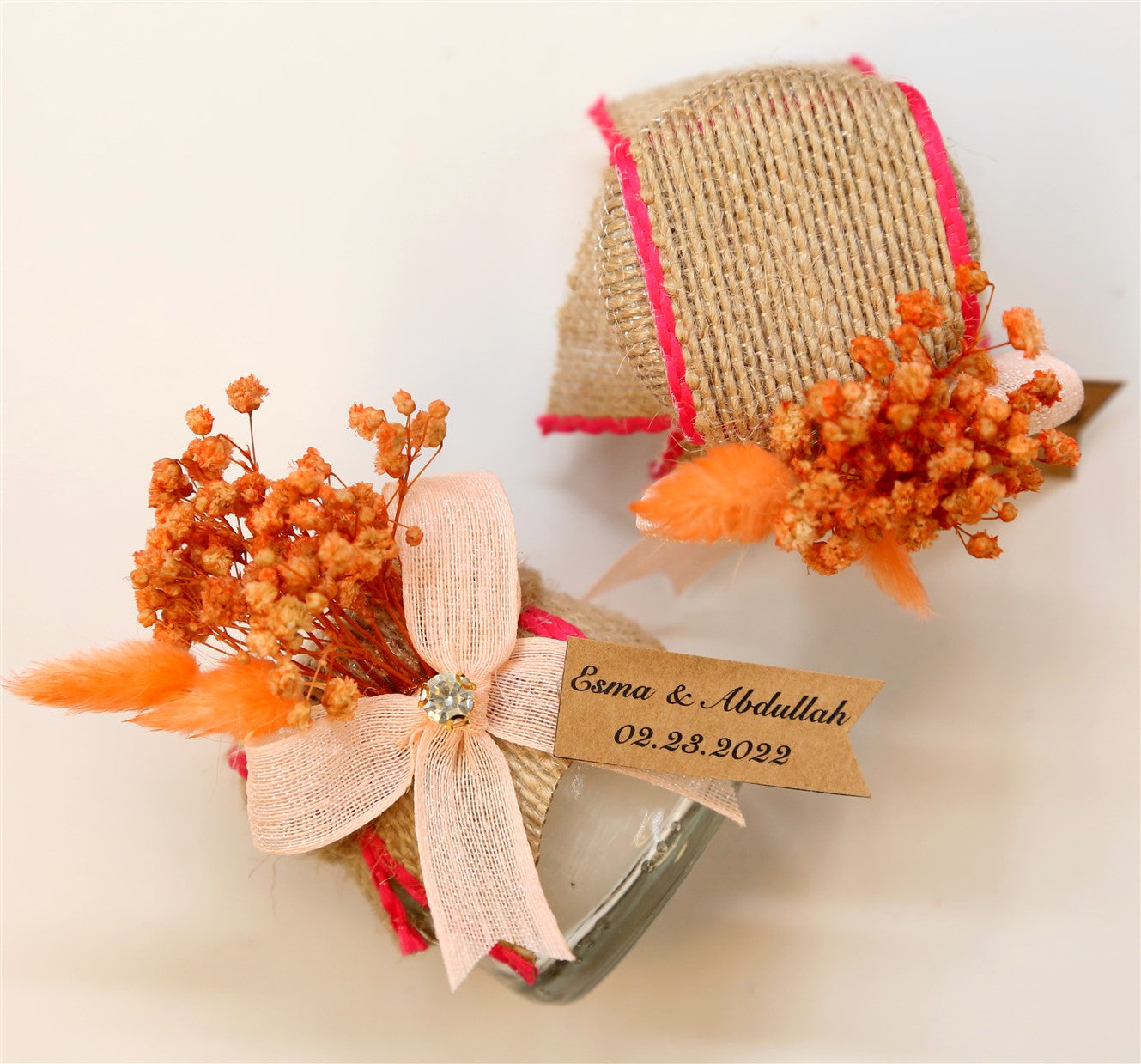 Jüt Kurdeleli Çiçekli Kavanoz Mum